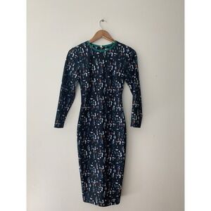 TED BAKER Kieder Mod Print Zip Dress Body Con Sz 0 Crew Neck Long Sleeve Luxe